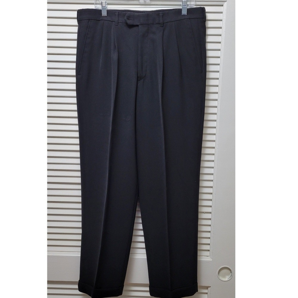 Haggars Q Mens Black Pleated Cuffed Dress Pants 36x29 Straight Leg Trouser